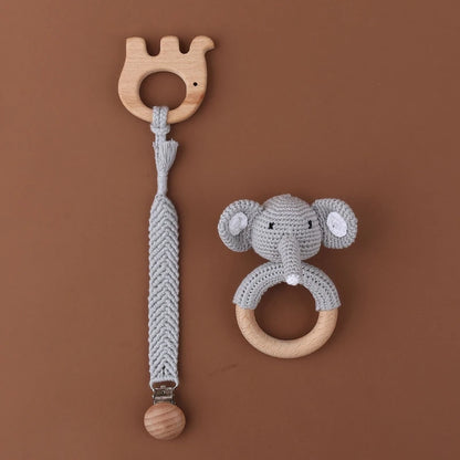 Crochet Bunny Baby Teether & Rattle Set | Beech Wooden Teething Ring + Pacifier Clip | Newborn Montessori Educational Toy