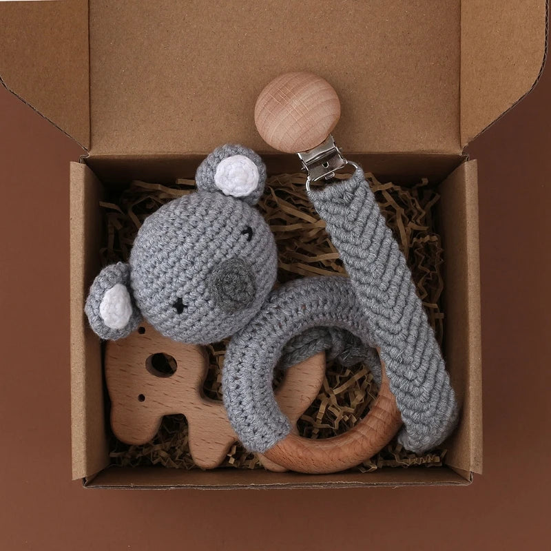 Crochet Bunny Baby Teether & Rattle Set | Beech Wooden Teething Ring + Pacifier Clip | Newborn Montessori Educational Toy