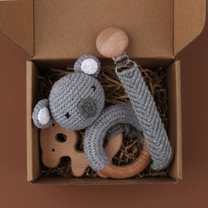 Crochet Bunny Baby Teether & Rattle Set | Beech Wooden Teething Ring + Pacifier Clip | Newborn Montessori Educational Toy