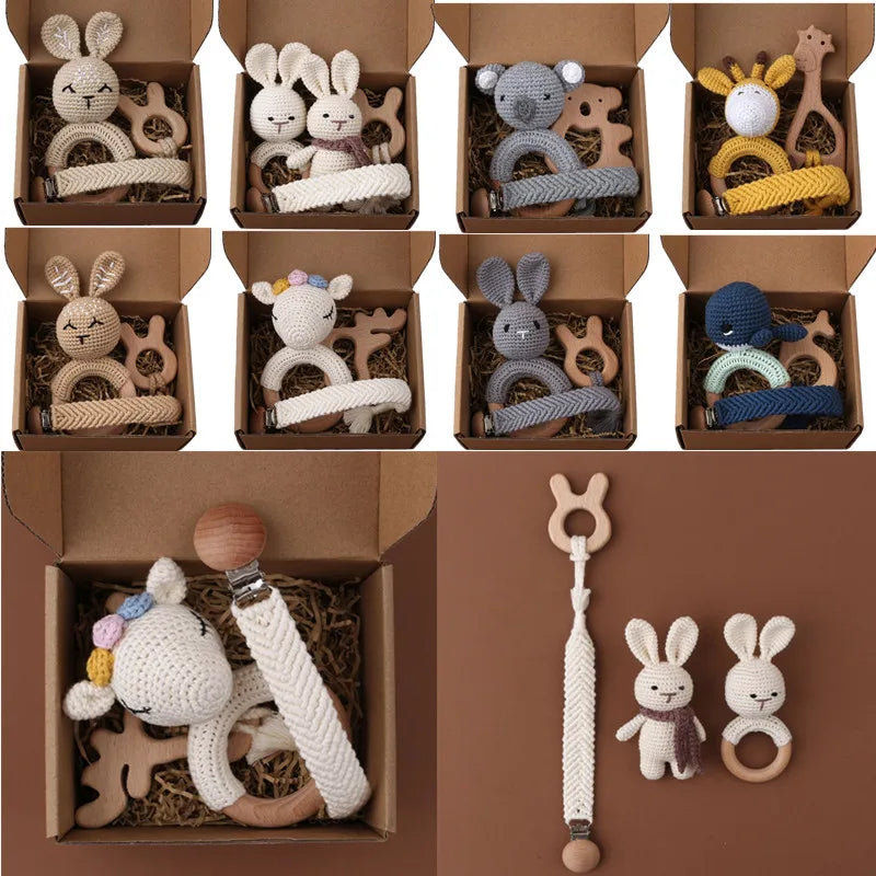 Crochet Bunny Baby Teether & Rattle Set | Beech Wooden Teething Ring + Pacifier Clip | Newborn Montessori Educational Toy