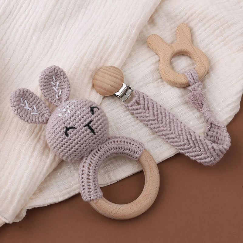 Crochet Bunny Baby Teether & Rattle Set | Beech Wooden Teething Ring + Pacifier Clip | Newborn Montessori Educational Toy