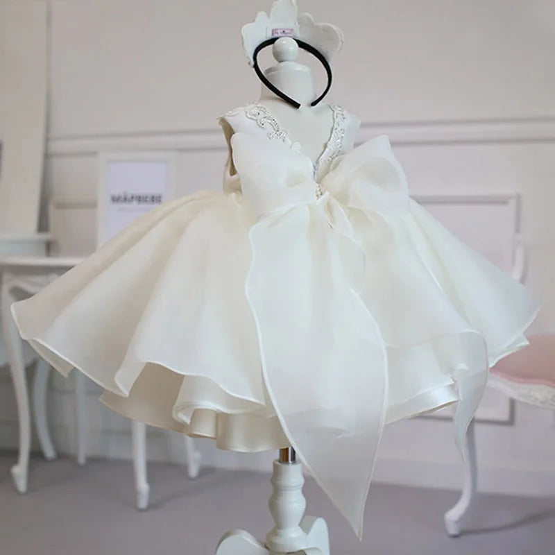 Baby Girl Elegant Dress | White & Pink Princess Outfit | 1st Birthday, Baptism, Christmas & Christening Party Dress