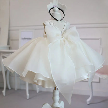 Baby Girl Elegant Dress | White & Pink Princess Outfit | 1st Birthday, Baptism, Christmas & Christening Party Dress