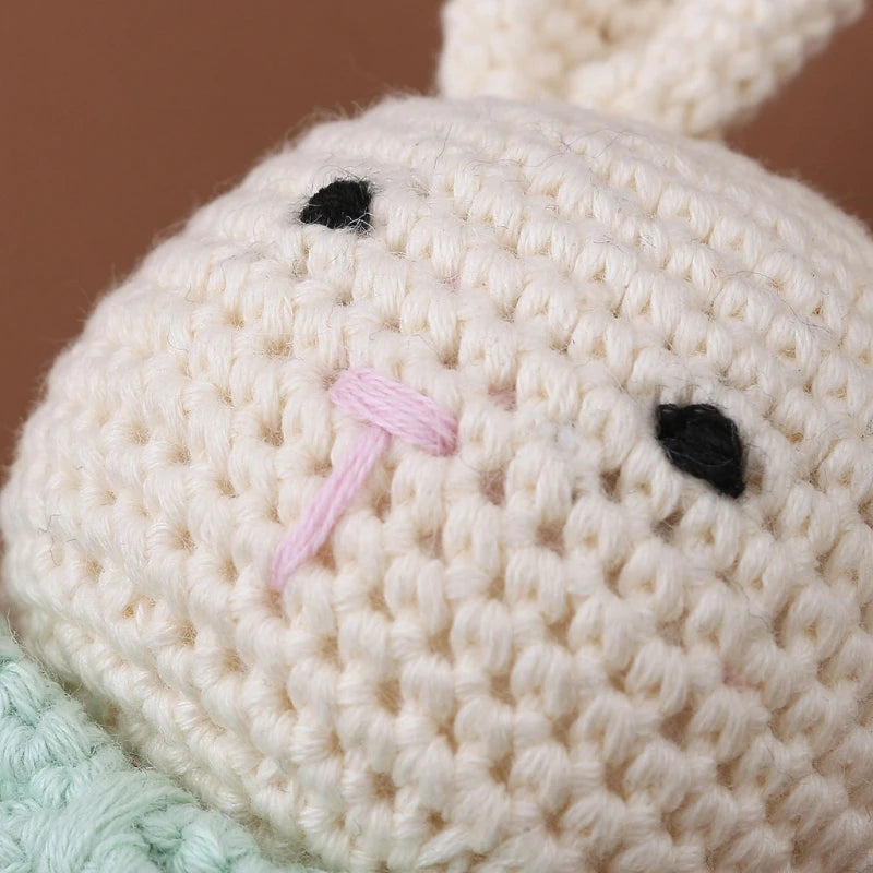 Crochet Bunny Baby Teether & Rattle Set | Beech Wooden Teething Ring + Pacifier Clip | Newborn Montessori Educational Toy
