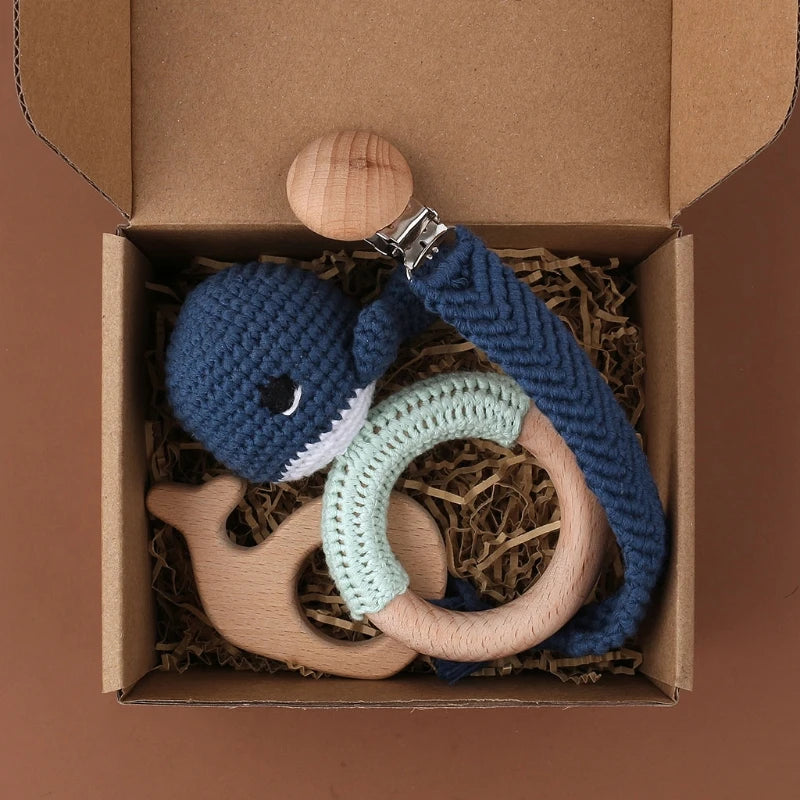 Crochet Bunny Baby Teether & Rattle Set | Beech Wooden Teething Ring + Pacifier Clip | Newborn Montessori Educational Toy