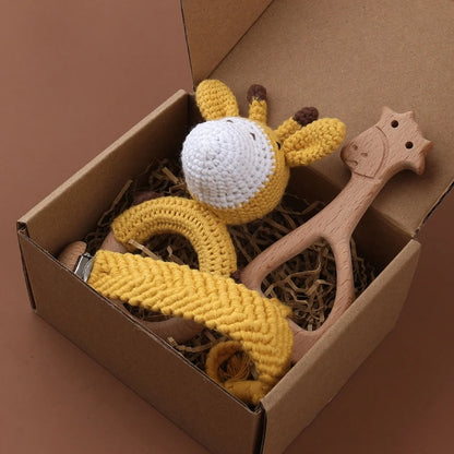 Crochet Bunny Baby Teether & Rattle Set | Beech Wooden Teething Ring + Pacifier Clip | Newborn Montessori Educational Toy