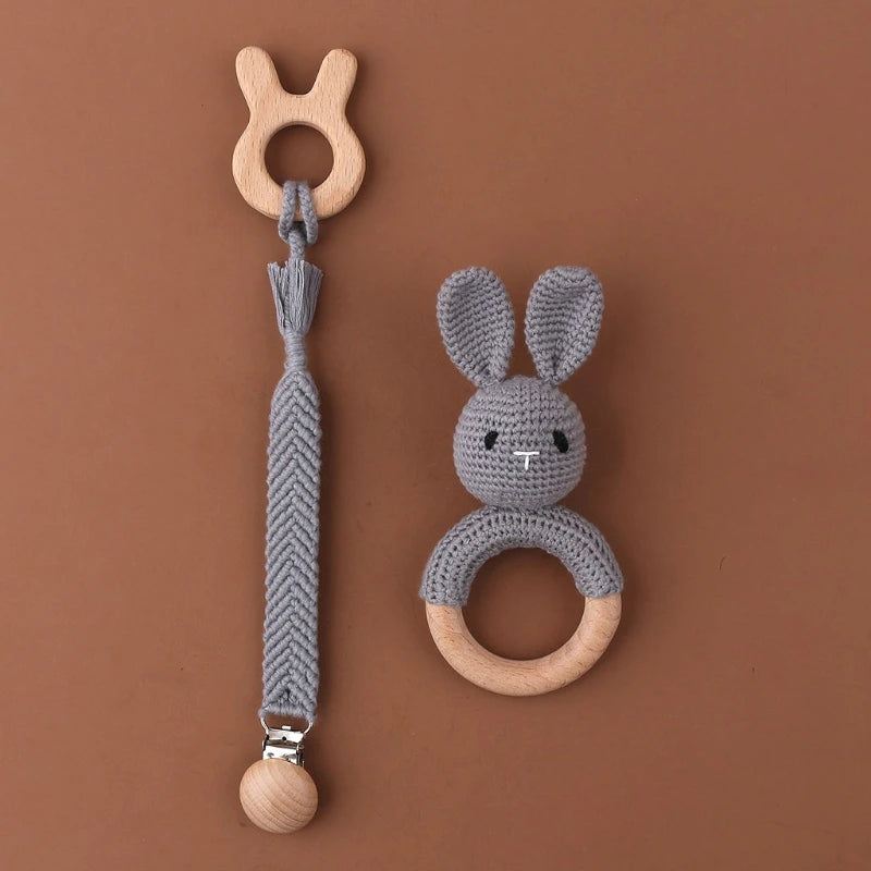 Crochet Bunny Baby Teether & Rattle Set | Beech Wooden Teething Ring + Pacifier Clip | Newborn Montessori Educational Toy