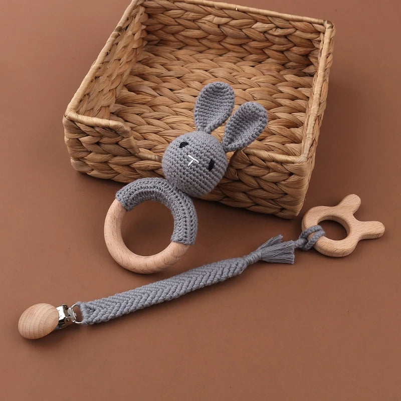Crochet Bunny Baby Teether & Rattle Set | Beech Wooden Teething Ring + Pacifier Clip | Newborn Montessori Educational Toy