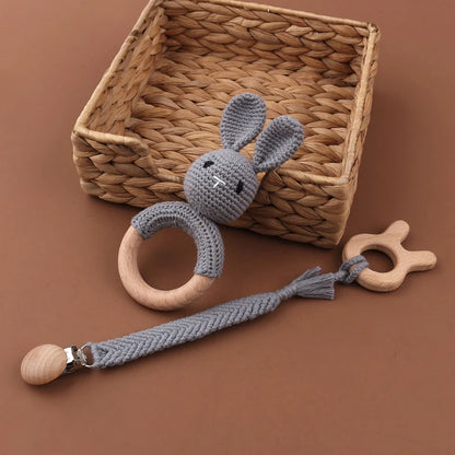 Crochet Bunny Baby Teether & Rattle Set | Beech Wooden Teething Ring + Pacifier Clip | Newborn Montessori Educational Toy