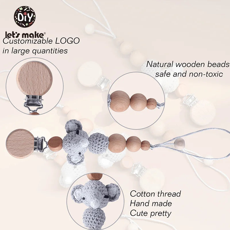 Baby Pacifier Chain – Elephant Wooden Clip with Geometric Crochet Beads | Teething Toy, Dummy Clip & Pacifier Holder for Infants