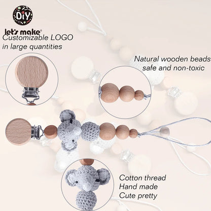 Baby Pacifier Chain – Elephant Wooden Clip with Geometric Crochet Beads | Teething Toy, Dummy Clip & Pacifier Holder for Infants
