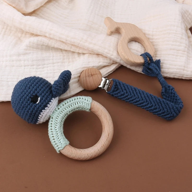 Crochet Bunny Baby Teether & Rattle Set | Beech Wooden Teething Ring + Pacifier Clip | Newborn Montessori Educational Toy