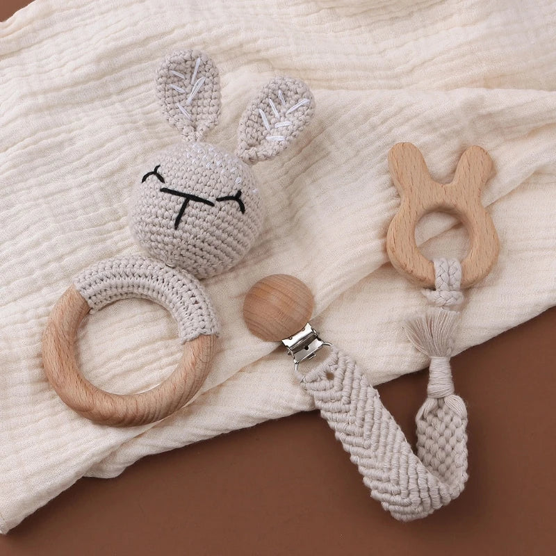 Crochet Bunny Baby Teether & Rattle Set | Beech Wooden Teething Ring + Pacifier Clip | Newborn Montessori Educational Toy