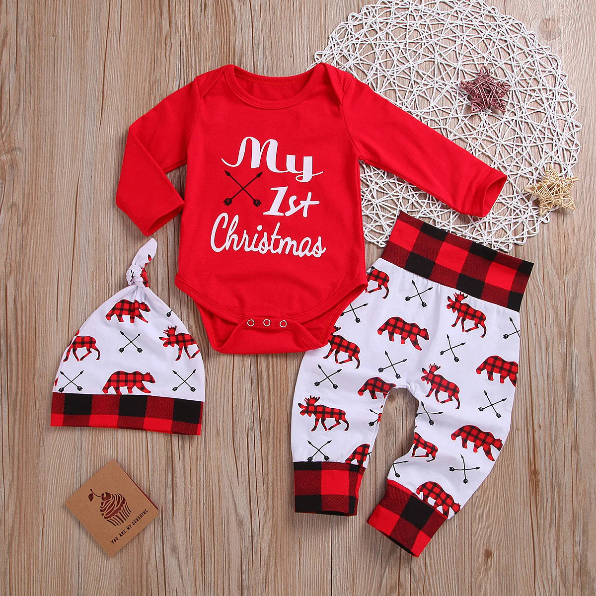 Baby Boy “My First Christmas” Outfit Set | Letter Print Romper + Pants + Hat (2–3 Pcs, Newborn–18 Months)