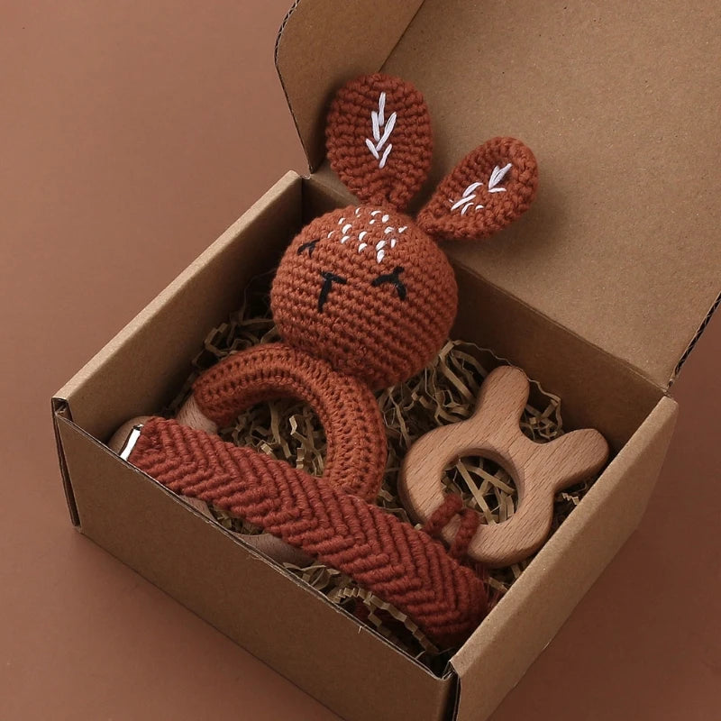 Crochet Bunny Baby Teether & Rattle Set | Beech Wooden Teething Ring + Pacifier Clip | Newborn Montessori Educational Toy