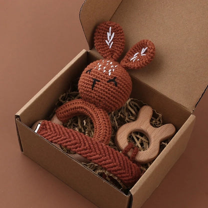 Crochet Bunny Baby Teether & Rattle Set | Beech Wooden Teething Ring + Pacifier Clip | Newborn Montessori Educational Toy