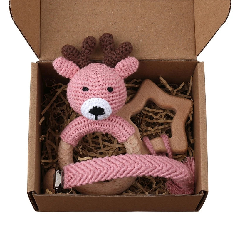 Handmade Crochet Baby Deer & Rabbit Stuffed Dolls with Wooden Teething Ring and Pacifier Chain Clips – Newborn Bunny Rattle Toy, 3 or 4 pcs Set