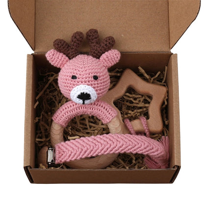 Handmade Crochet Baby Deer & Rabbit Stuffed Dolls with Wooden Teething Ring and Pacifier Chain Clips – Newborn Bunny Rattle Toy, 3 or 4 pcs Set