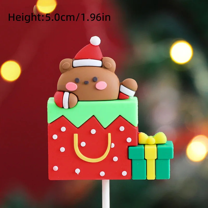 Christmas Cake Topper Set | Bear Doll Ornaments, Red Sweater & Green Shirt, Rainbow Arch & Gift Box | Holiday Party Cake Decorations
