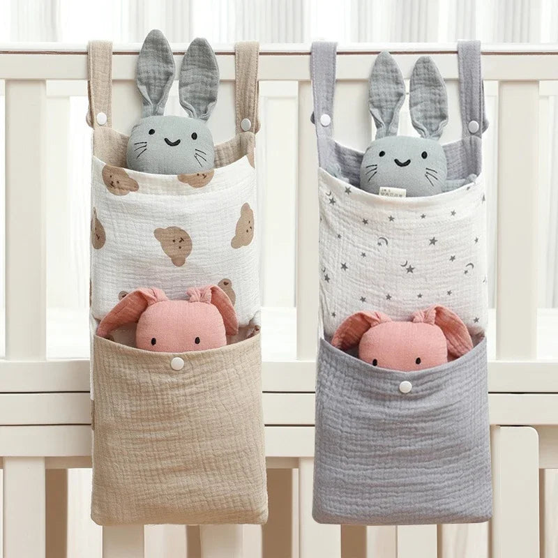 Baby Bed Hanging Storage Bag | Cotton Crib Organizer with Diaper & Toy Pockets | Newborn Bedding Accessories