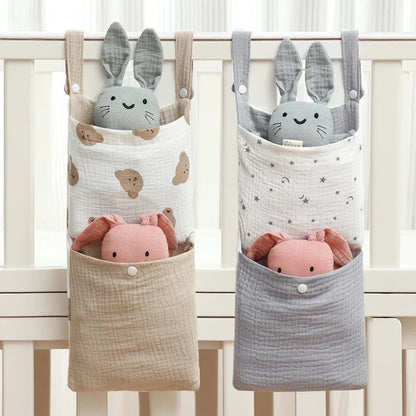 Baby Bed Hanging Storage Bag | Cotton Crib Organizer with Diaper & Toy Pockets | Newborn Bedding Accessories