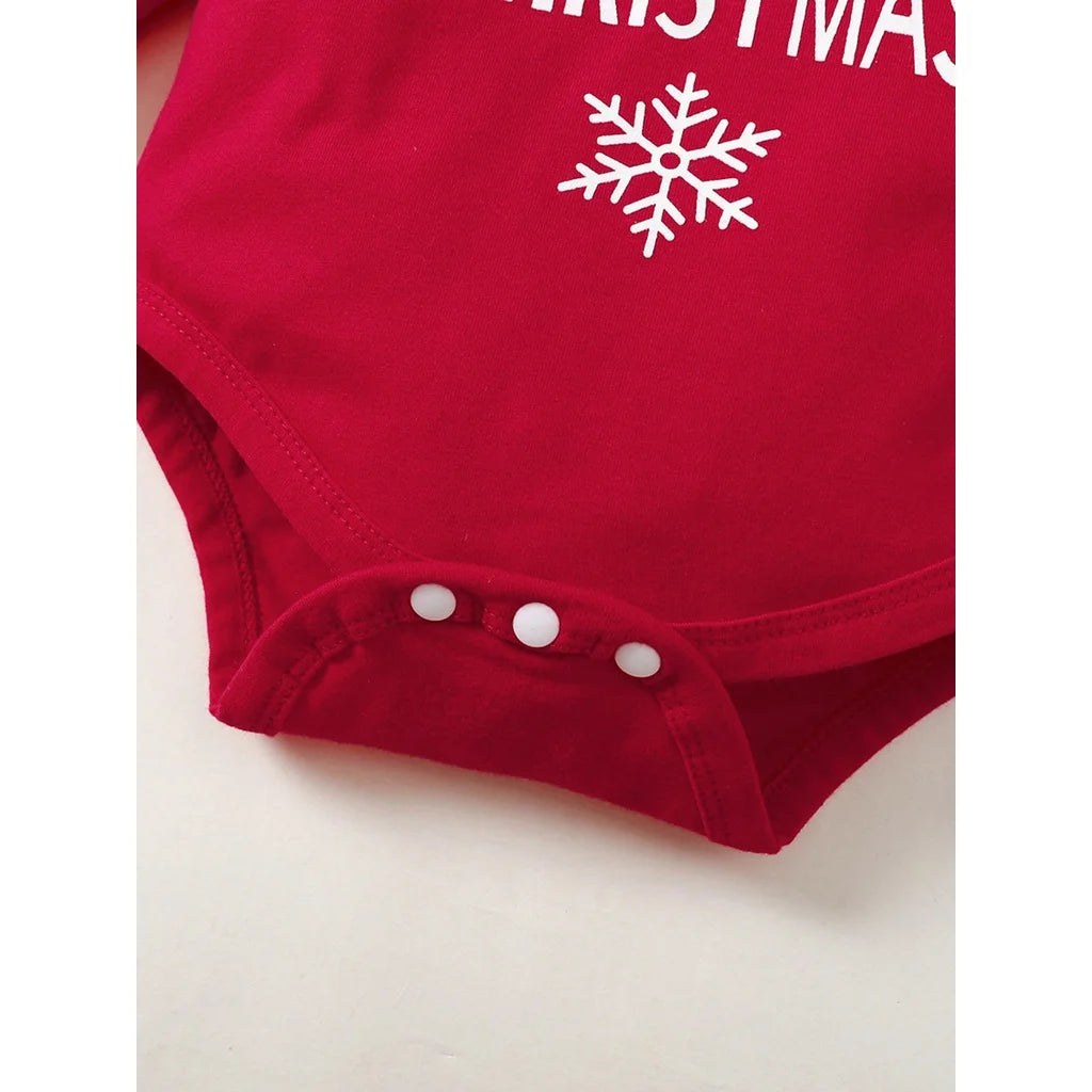 Baby Girl Christmas Outfit 3Pcs Set | Alphabet Print Bodysuit + Red Plaid Pants + Headband (0–18 Months)