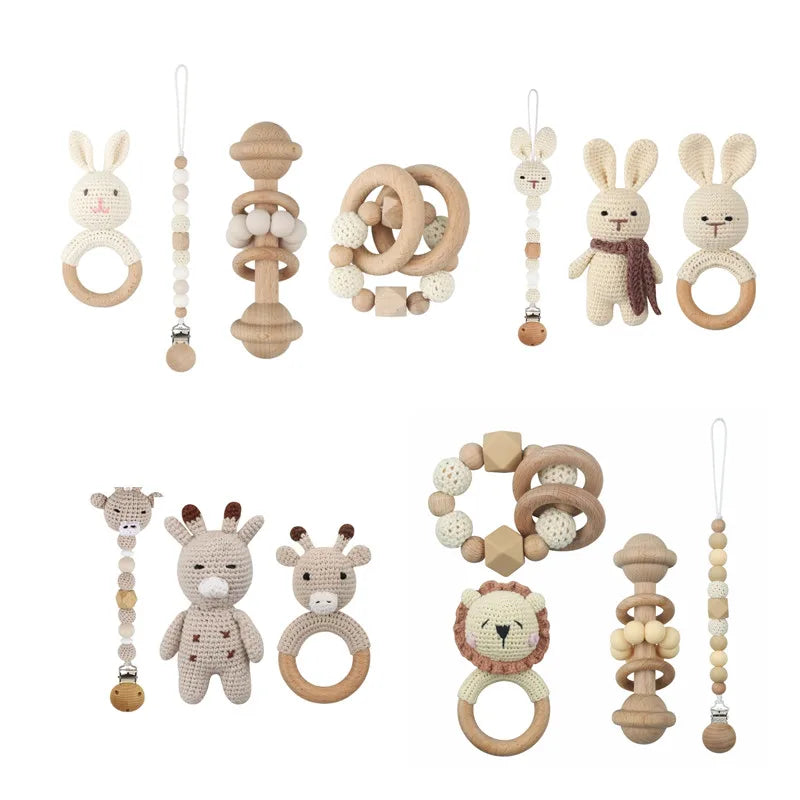Handmade Crochet Baby Deer & Rabbit Stuffed Dolls with Wooden Teething Ring and Pacifier Chain Clips – Newborn Bunny Rattle Toy, 3 or 4 pcs Set