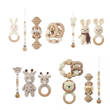 Handmade Crochet Baby Deer & Rabbit Stuffed Dolls with Wooden Teething Ring and Pacifier Chain Clips – Newborn Bunny Rattle Toy, 3 or 4 pcs Set