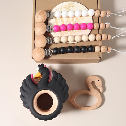 4pcs Baby Gift Set – Swan Teether, Baby Bibs, Flamingo Pacifier Chain & Rattle | Newborn Teething Toy & Photography Props