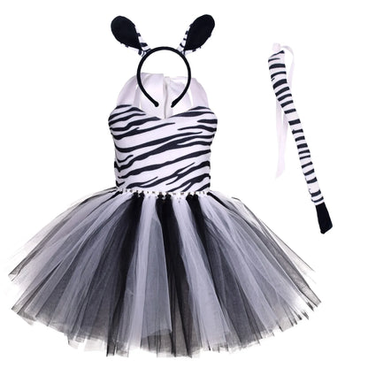 Baby Girls Halloween Animal Cosplay Costume | Kids Forest Theme Giraffe, Cow, Tiger, Leopard, Zebra Tutu Dress | Birthday & Party Outfit