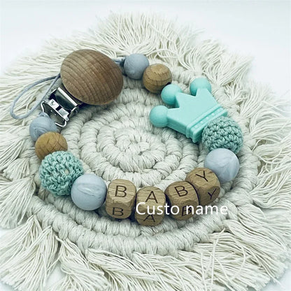 Custom Name Baby Pacifier Clip | Silicone Beads Flower Ring Teething Chain | Eco-Friendly Beech Wood Dummy Holder