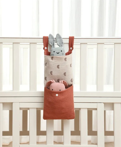 Baby Bed Hanging Storage Bag | Cotton Crib Organizer with Diaper & Toy Pockets | Newborn Bedding Accessories