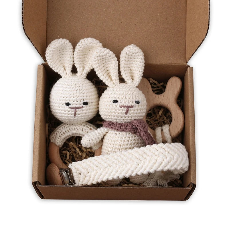 Crochet Bunny Baby Teether & Rattle Set | Beech Wooden Teething Ring + Pacifier Clip | Newborn Montessori Educational Toy