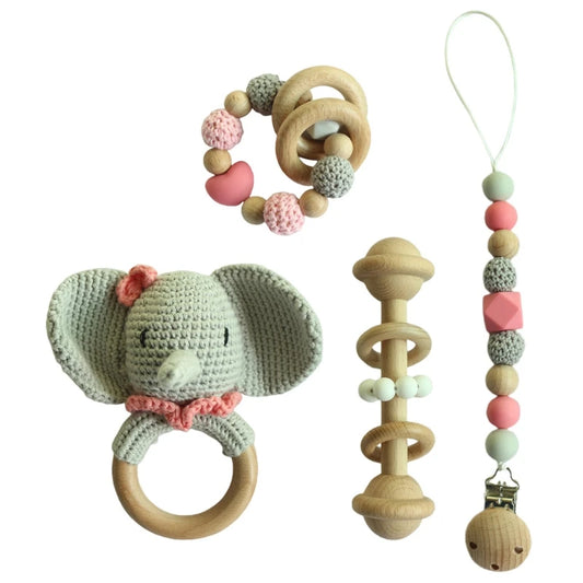 Handmade Crochet Baby Deer & Rabbit Stuffed Dolls with Wooden Teething Ring and Pacifier Chain Clips – Newborn Bunny Rattle Toy, 3 or 4 pcs Set