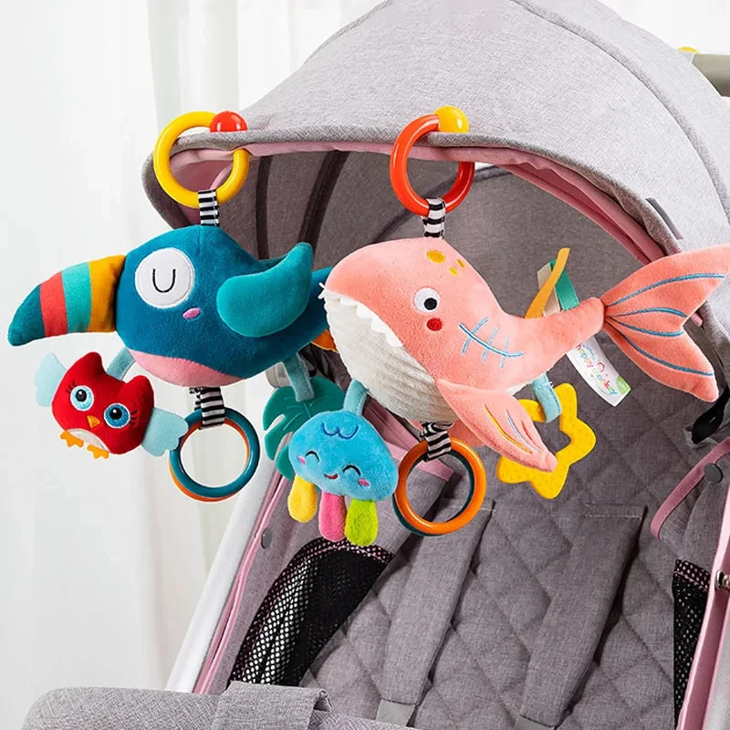 Soft Infant Crib & Stroller Mobile Hanging Rattle – Cute Stuffed Animal Baby Toys | Educational Hand Grip Toy for Brain Development