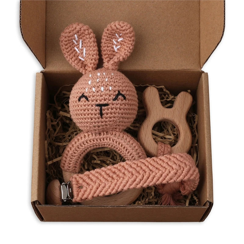 Crochet Bunny Baby Teether & Rattle Set | Beech Wooden Teething Ring + Pacifier Clip | Newborn Montessori Educational Toy