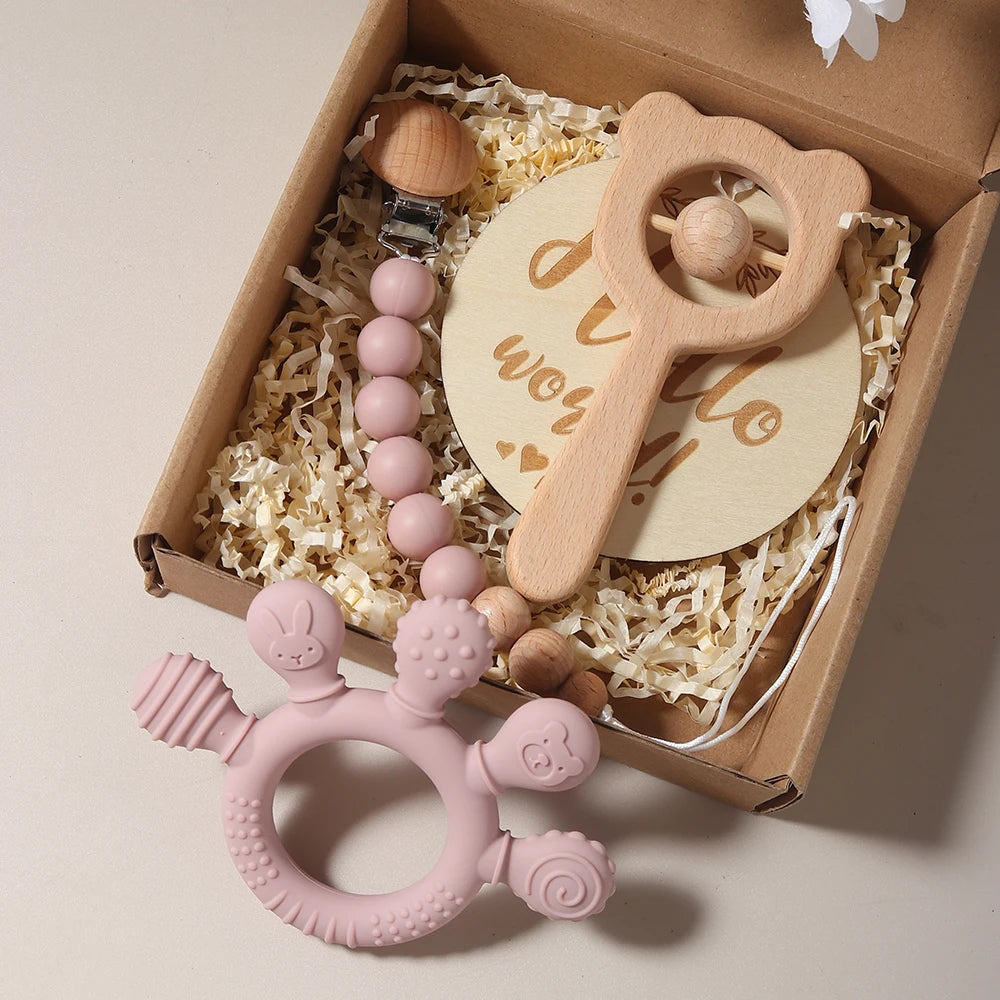 Baby bibs Gift Set With hand Teething Pacifier Chain wooden bear Rattle  New Born Baby Teether Set