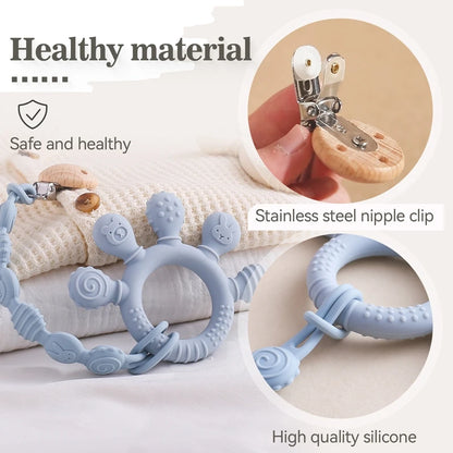 1PC Baby Silicone Teether Toy with Pacifier Chain | BPA-Free Finger Ring Soothing Teething Toy for Newborns & Baby Shower Gifts