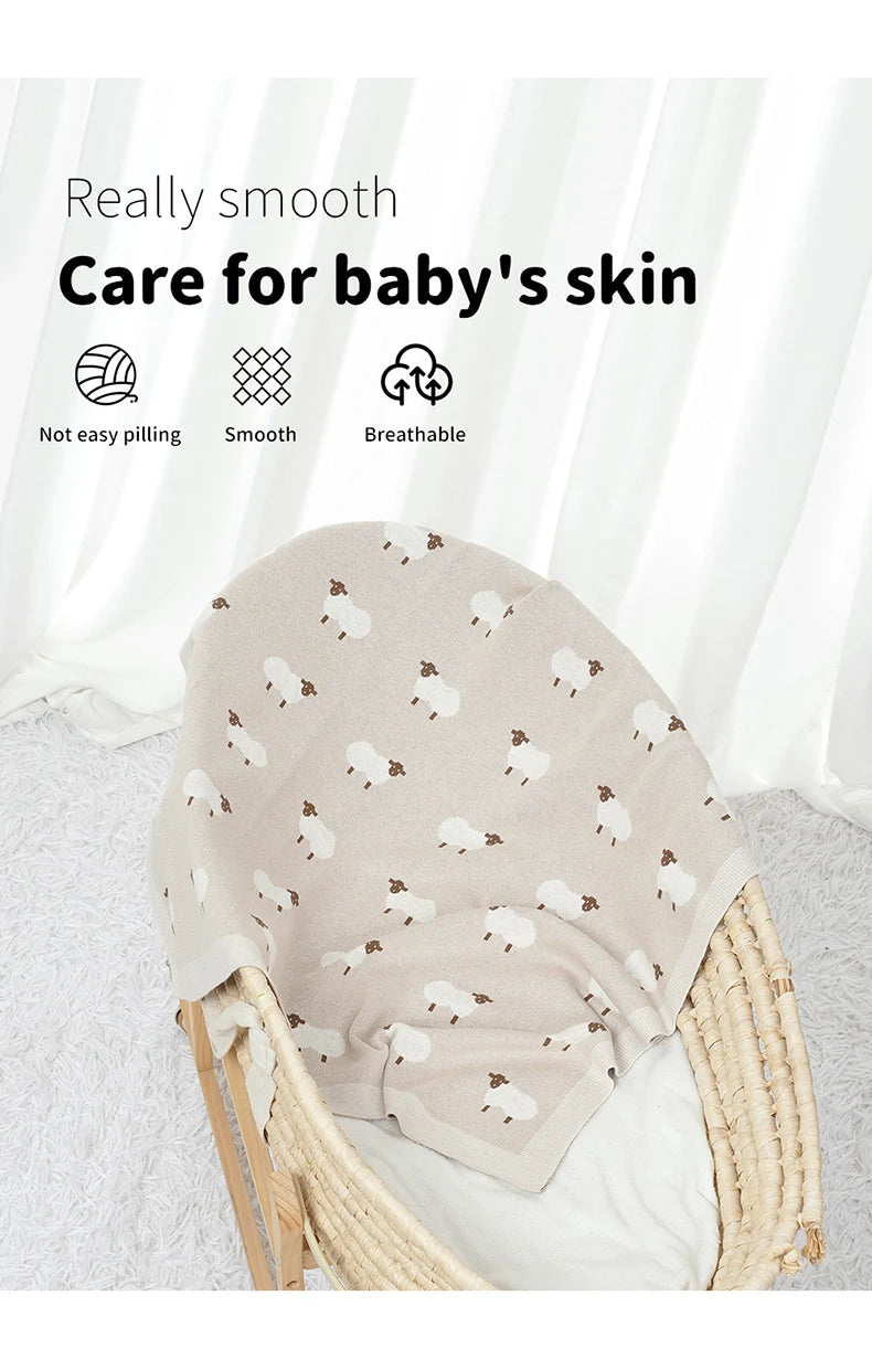 Infant Baby Cotton Blanket 90x70cm – Soft Sleepsack & Swaddle Quilt with Cute Cartoon Sheep | Newborn Boy & Girl Bedding Plaid for Crib & Stroller