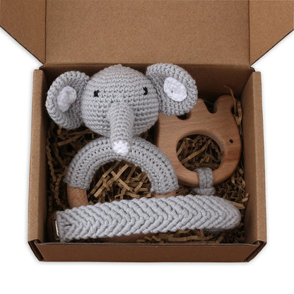 Crochet Bunny Baby Teether & Rattle Set | Beech Wooden Teething Ring + Pacifier Clip | Newborn Montessori Educational Toy