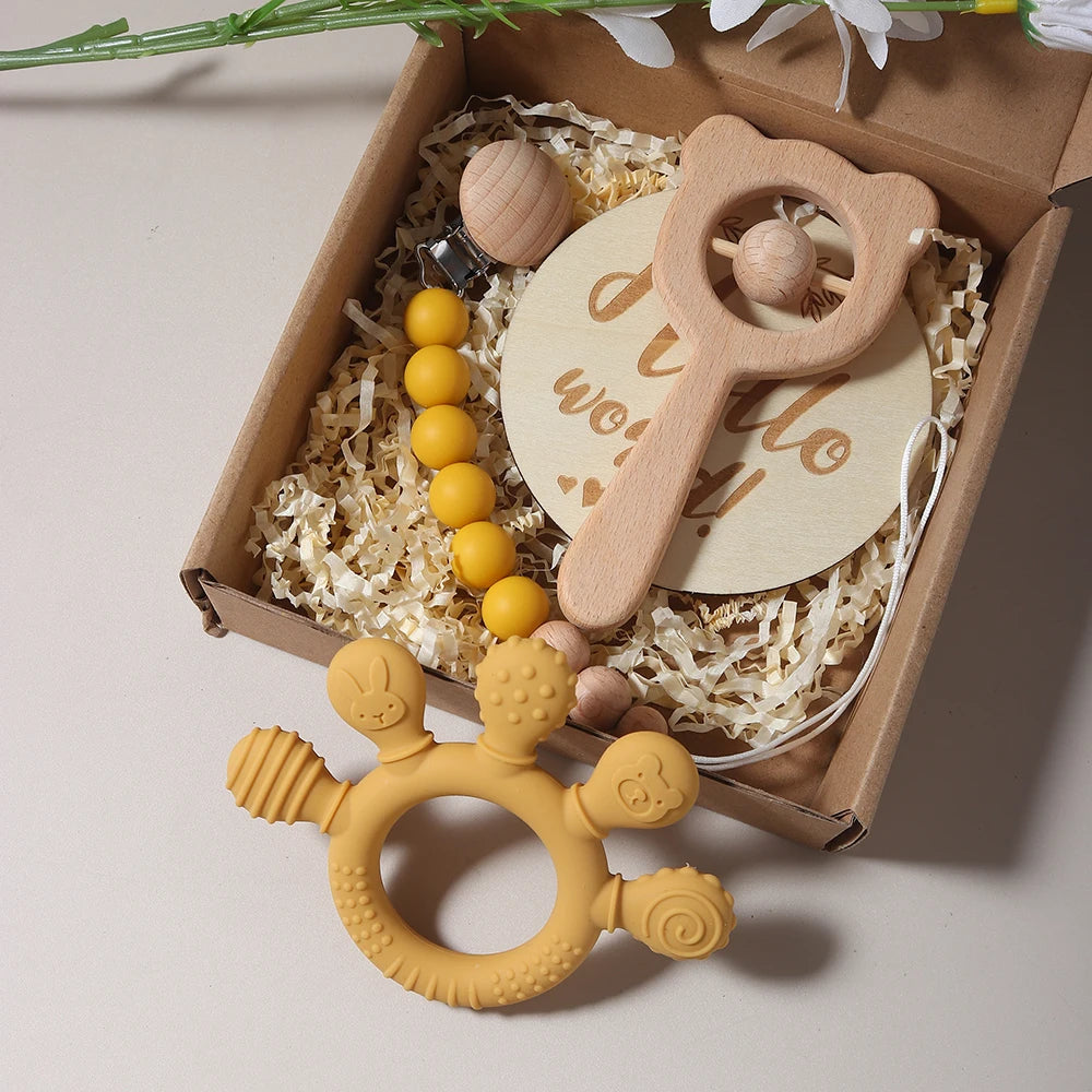 Baby bibs Gift Set With hand Teething Pacifier Chain wooden bear Rattle  New Born Baby Teether Set