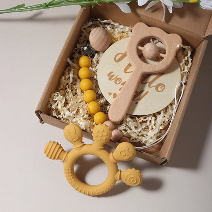 Baby bibs Gift Set With hand Teething Pacifier Chain wooden bear Rattle  New Born Baby Teether Set
