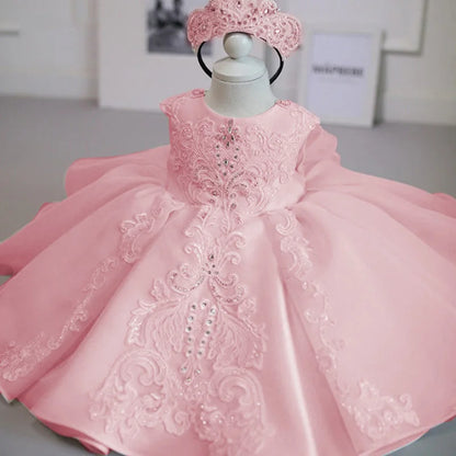 Baby Girl Elegant Dress | White & Pink Princess Outfit | 1st Birthday, Baptism, Christmas & Christening Party Dress