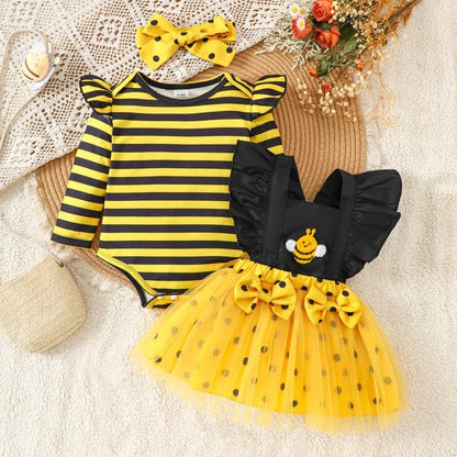 Baby Girl Bee Halloween Costume Set | Infant Romper + Tulle Suspender Dress | Newborn & Toddler Party Outfit