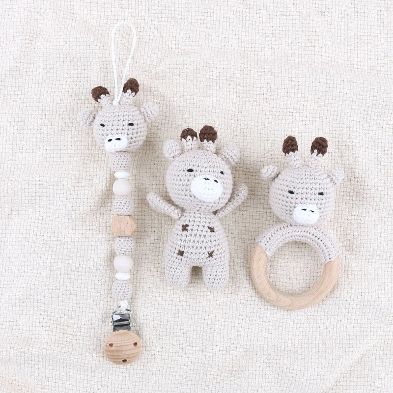 Handmade Crochet Baby Deer & Rabbit Stuffed Dolls with Wooden Teething Ring and Pacifier Chain Clips – Newborn Bunny Rattle Toy, 3 or 4 pcs Set