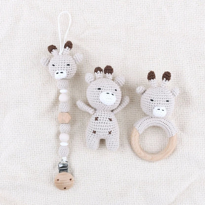 Handmade Crochet Baby Deer & Rabbit Stuffed Dolls with Wooden Teething Ring and Pacifier Chain Clips – Newborn Bunny Rattle Toy, 3 or 4 pcs Set