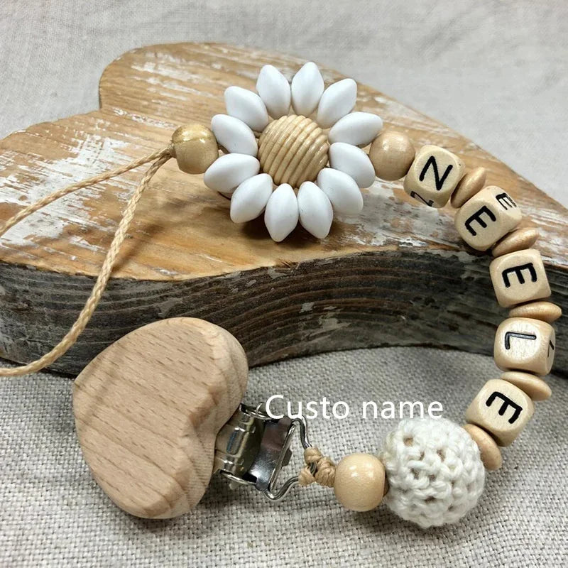 Custom Name Baby Pacifier Clip | Silicone Beads Flower Ring Teething Chain | Eco-Friendly Beech Wood Dummy Holder