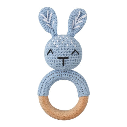 Crochet Bunny Baby Teether & Rattle Set | Beech Wooden Teething Ring + Pacifier Clip | Newborn Montessori Educational Toy