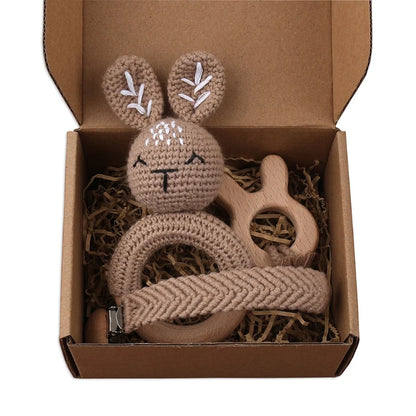 Crochet Bunny Baby Teether & Rattle Set | Beech Wooden Teething Ring + Pacifier Clip | Newborn Montessori Educational Toy