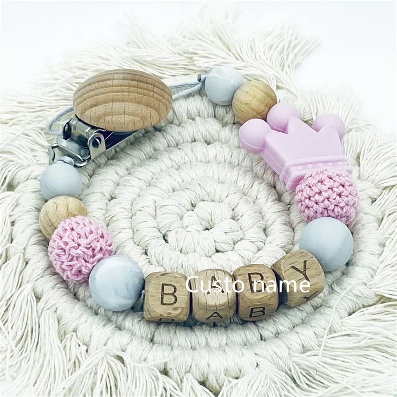 Custom Name Baby Pacifier Clip | Silicone Beads Flower Ring Teething Chain | Eco-Friendly Beech Wood Dummy Holder